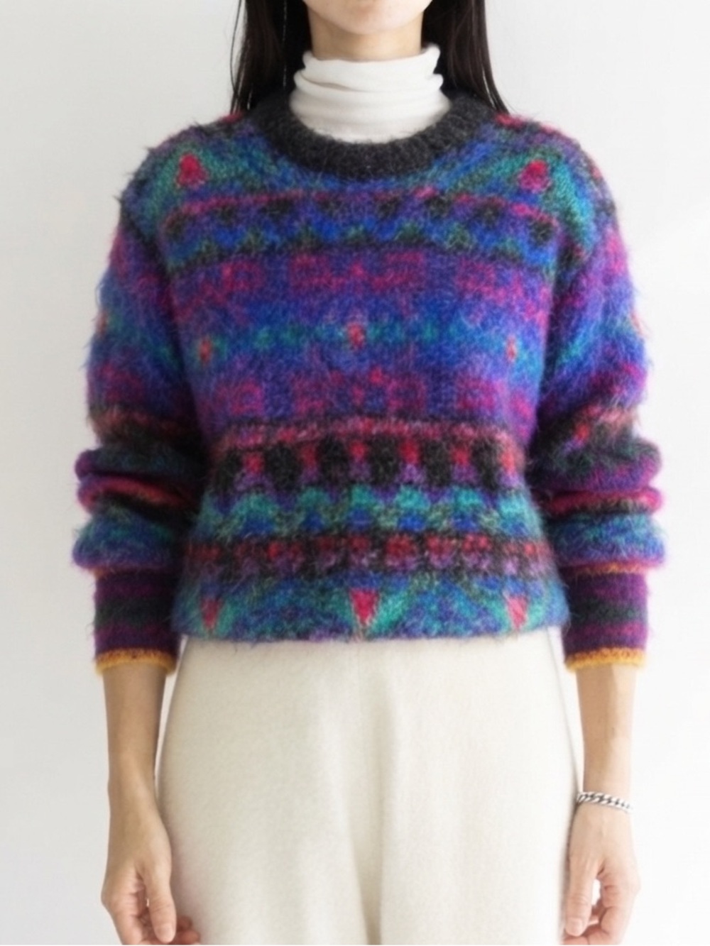 Vintage 80s Mohair Wool Fair Isle Sweater – Like New Slouchy Boho Pullover M